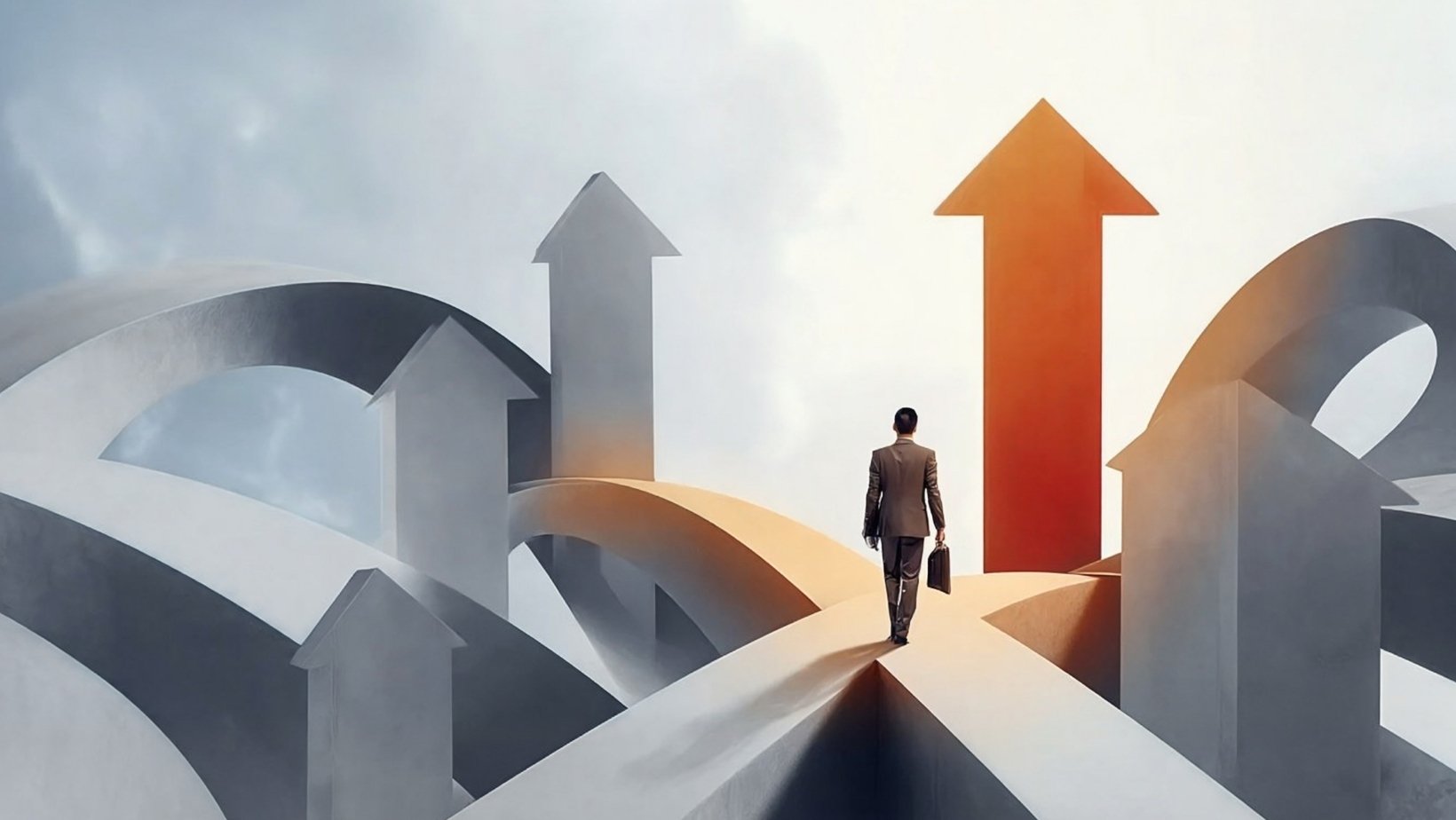 A man in a suit walking on a road that diverges in two different directions