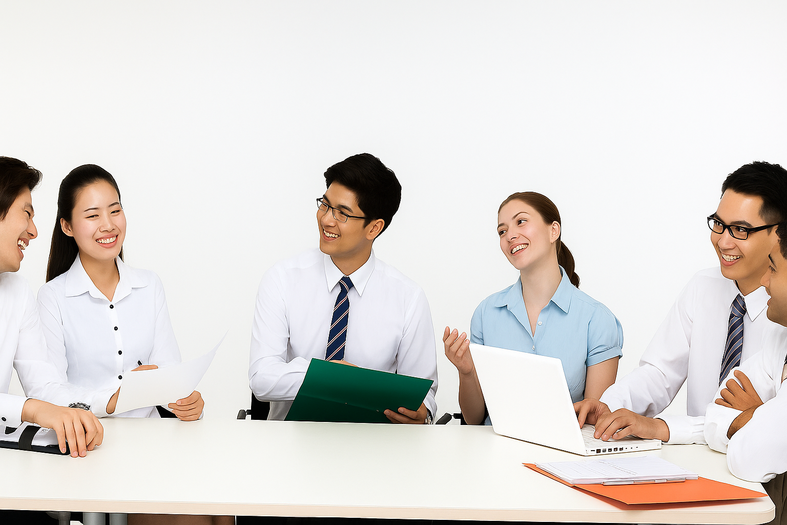 Sáu chuyên gia trẻ ngồi quanh bàn, mỉm cười và cộng tác trong một văn phòng sáng sủa và tối giản.