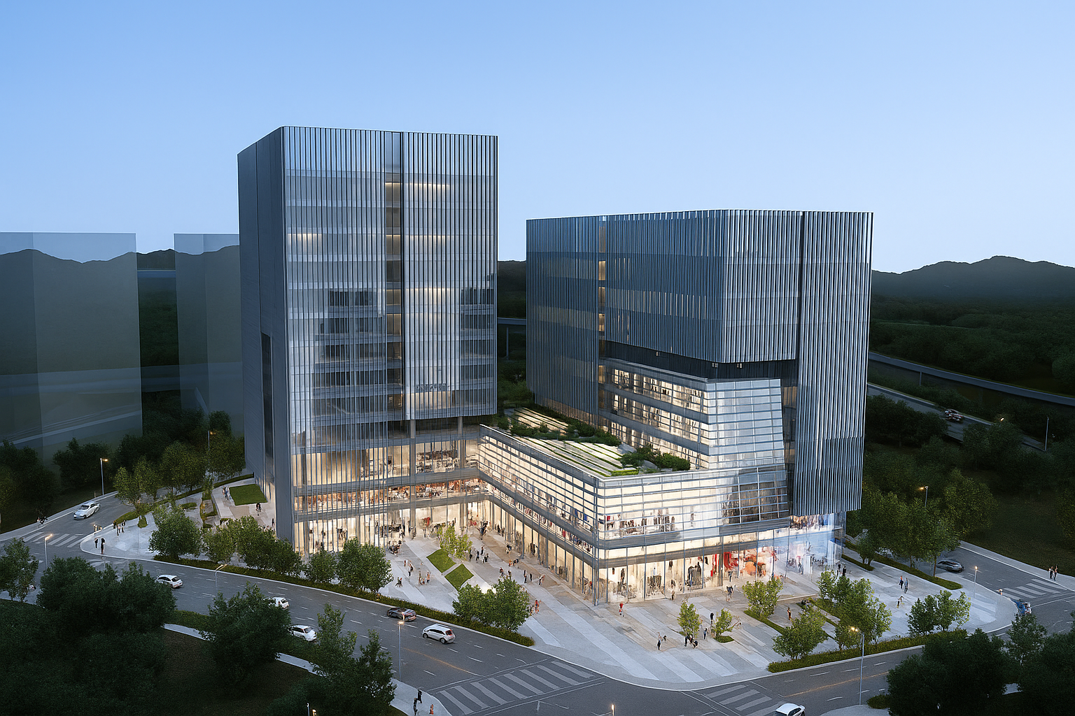 Hai tòa tháp kính hiện đại có quảng trường chung, bao quanh bởi cây xanh, đường sá và những ngọn đồi xanh xa xa dưới bầu trời hoàng hôn trong vắt.