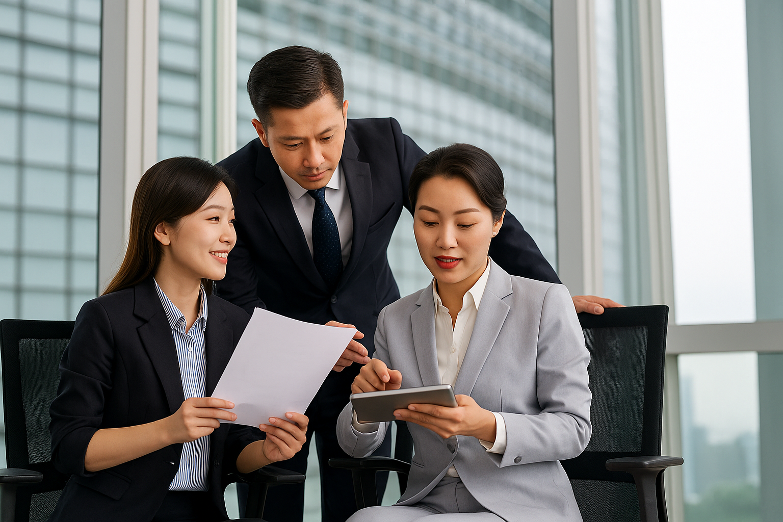 ビジネススーツを着た3人の専門家がモダンなオフィスで協力し、書類とタブレットを確認している。