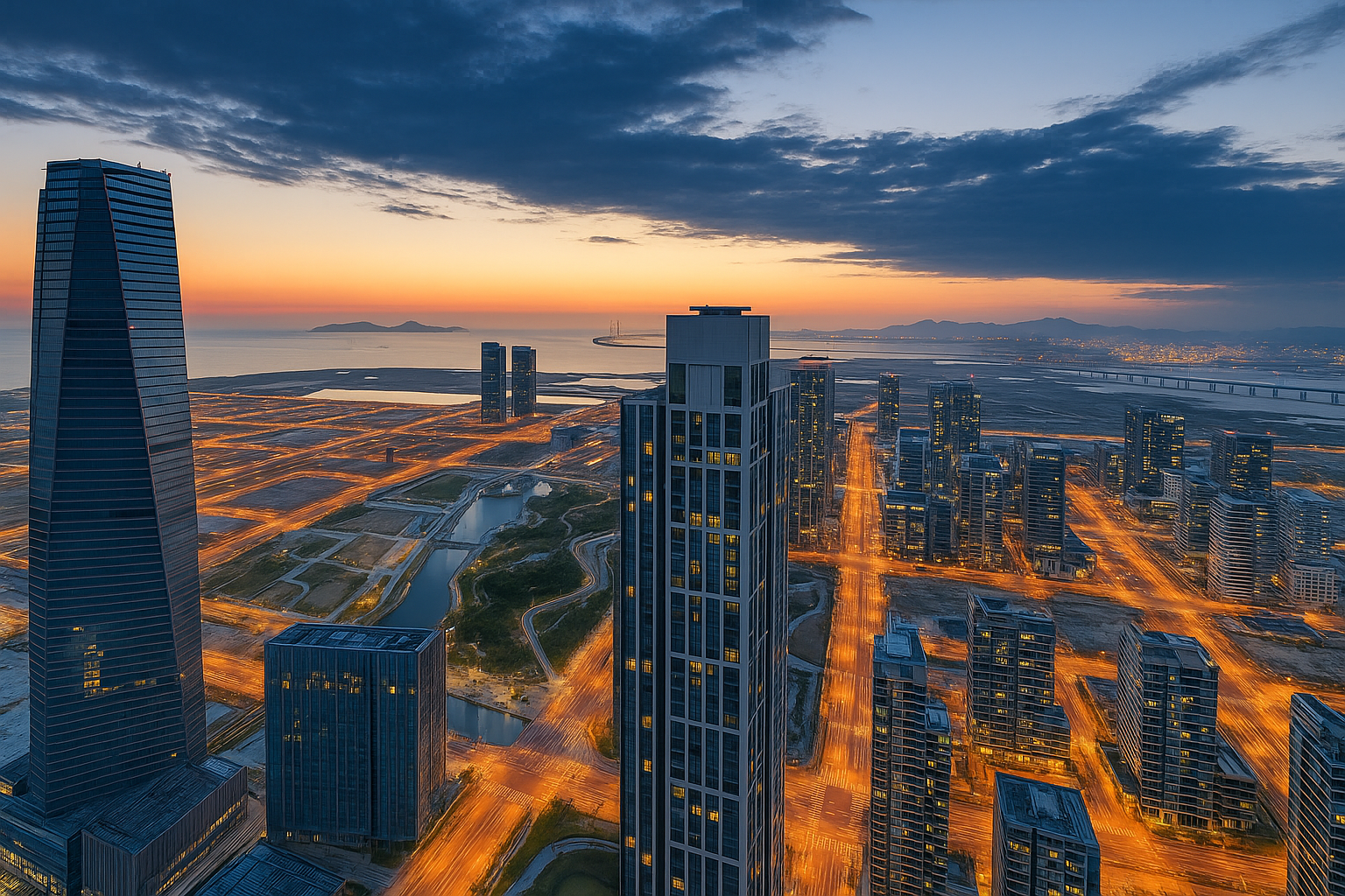 Pangyo Techno Valley 2 lúc hoàng hôn với các tòa nhà chọc trời hiện đại, đường phố phát sáng theo lưới và đường chân trời ven biển đầy ấn tượng.