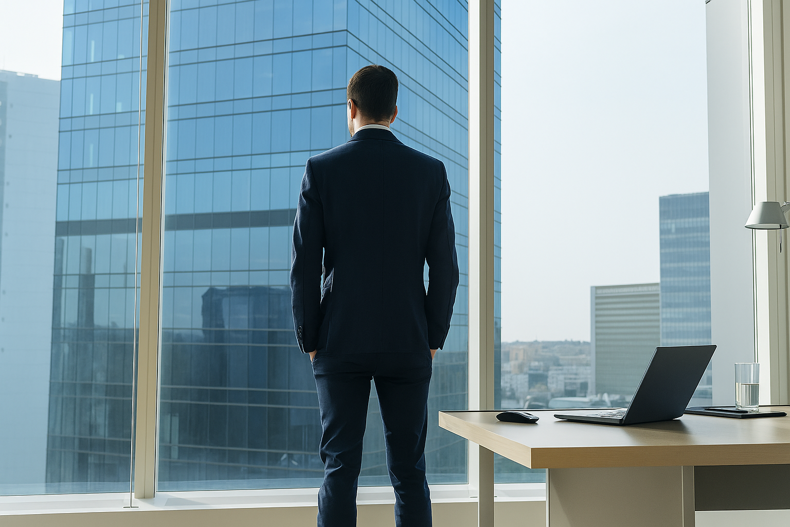 Một người đàn ông mặc vest đứng trước cửa sổ văn phòng cao, nhìn ra đường chân trời thành phố hiện đại, bên cạnh là bàn làm việc, máy tính xách tay và ly nước.