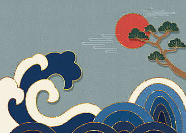 A wave painted in traditional way with a tree and a red sun in the background.