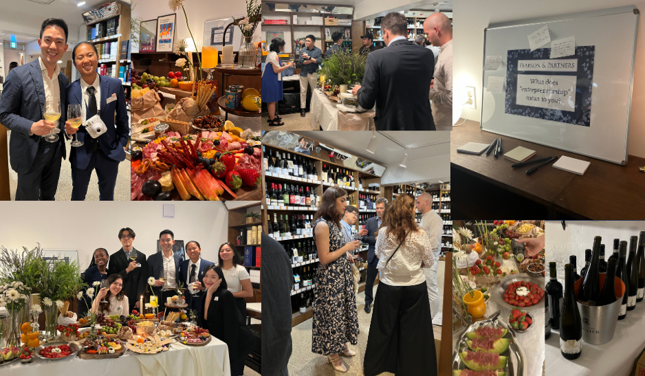 Collage of a lively networking event with well-dressed guests mingling, enjoying wine and gourmet charcuterie. Decor includes flowers, candles, and a board asking, 