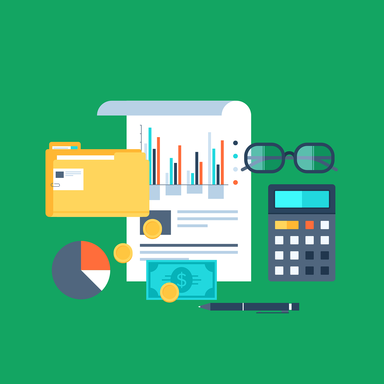 Drawings of a chart, glasses, calculator, money and other tax related things on a green background