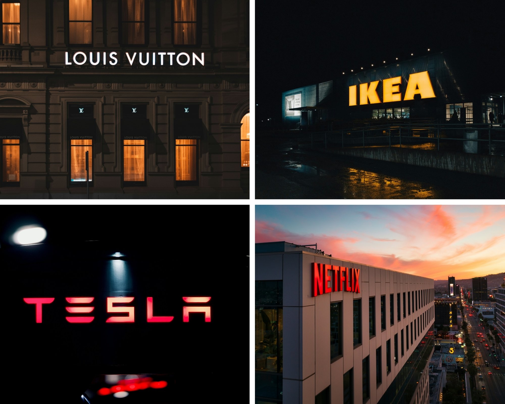 Collage of 4 pictures showing the signs of the brands mentioned in the article.