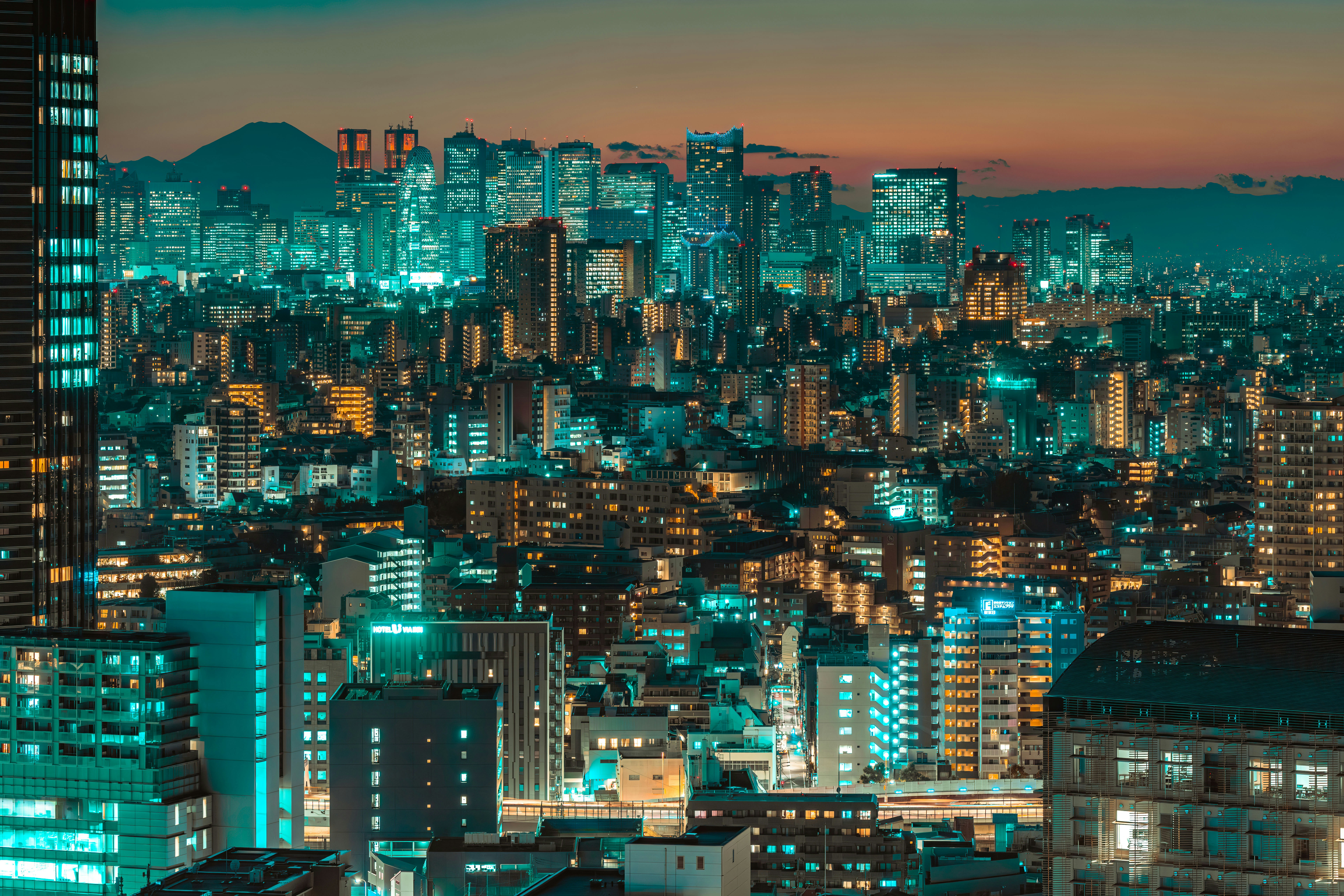 A view of a city at night from above