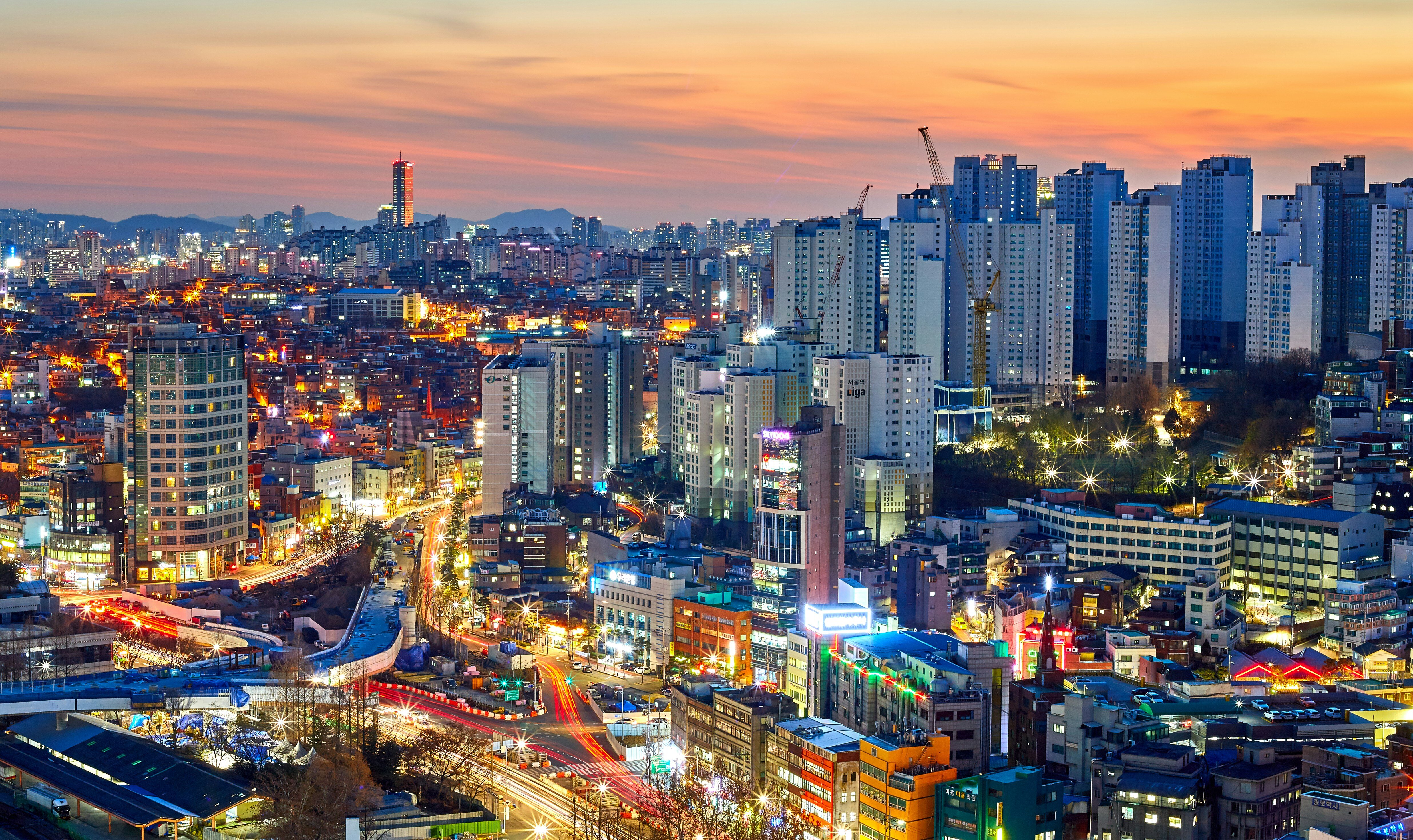 Aerial view of Seoul at sunset